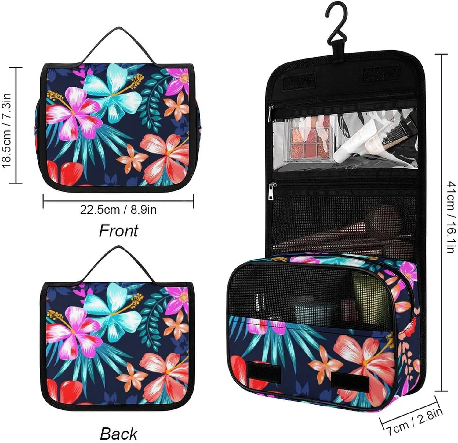 Large Capacity Hanging Toiletry Bag, Hawaiian Colorful Hibiscus Flowers Tropical Palm Tree Leaves Makeup Pouch for Women and Men, Waterproof Cosmetic Storage Organizer Case