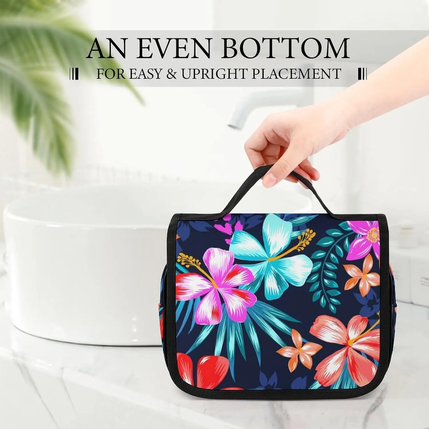 Large Capacity Hanging Toiletry Bag, Hawaiian Colorful Hibiscus Flowers Tropical Palm Tree Leaves Makeup Pouch for Women and Men, Waterproof Cosmetic Storage Organizer Case