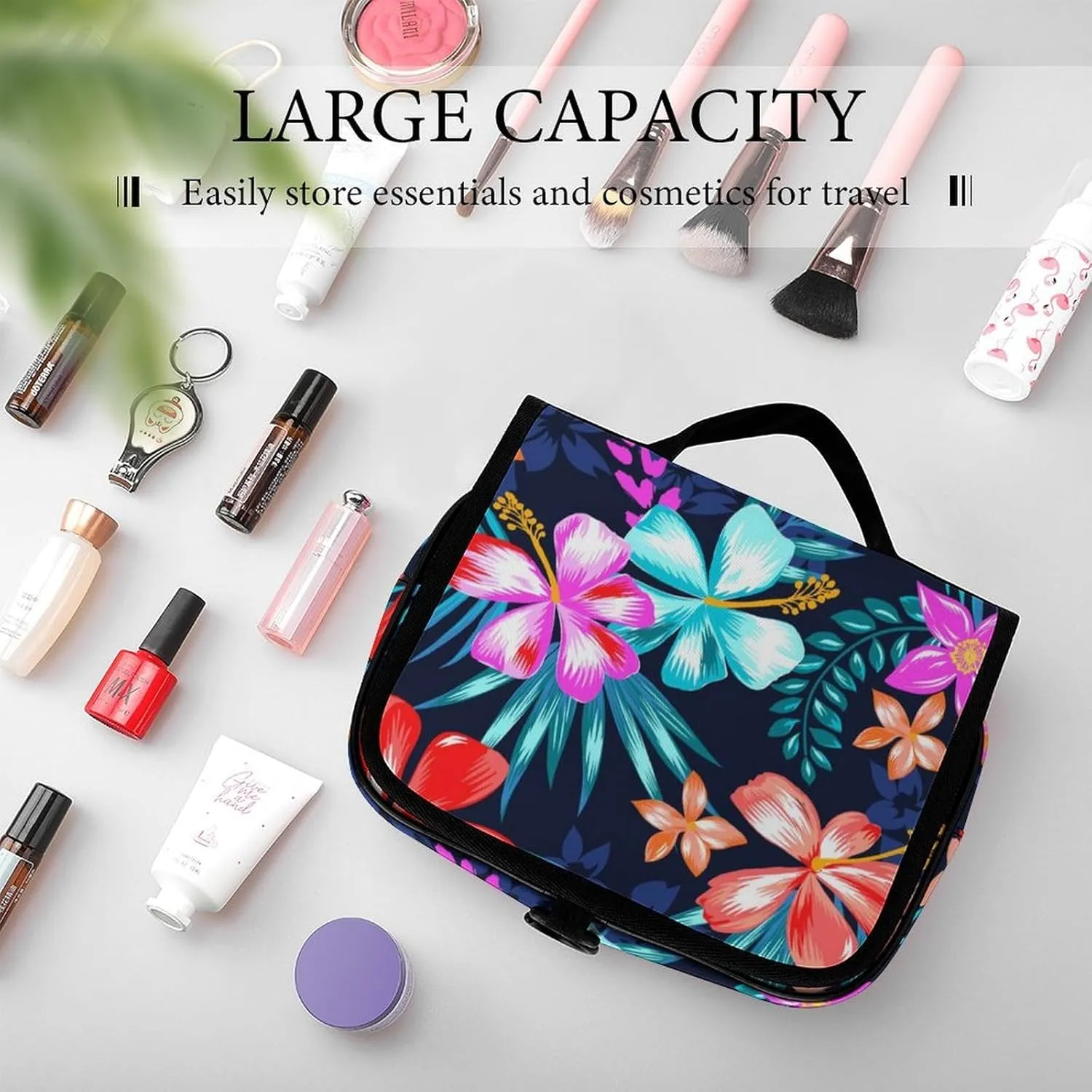 Large Capacity Hanging Toiletry Bag, Hawaiian Colorful Hibiscus Flowers Tropical Palm Tree Leaves Makeup Pouch for Women and Men, Waterproof Cosmetic Storage Organizer Case