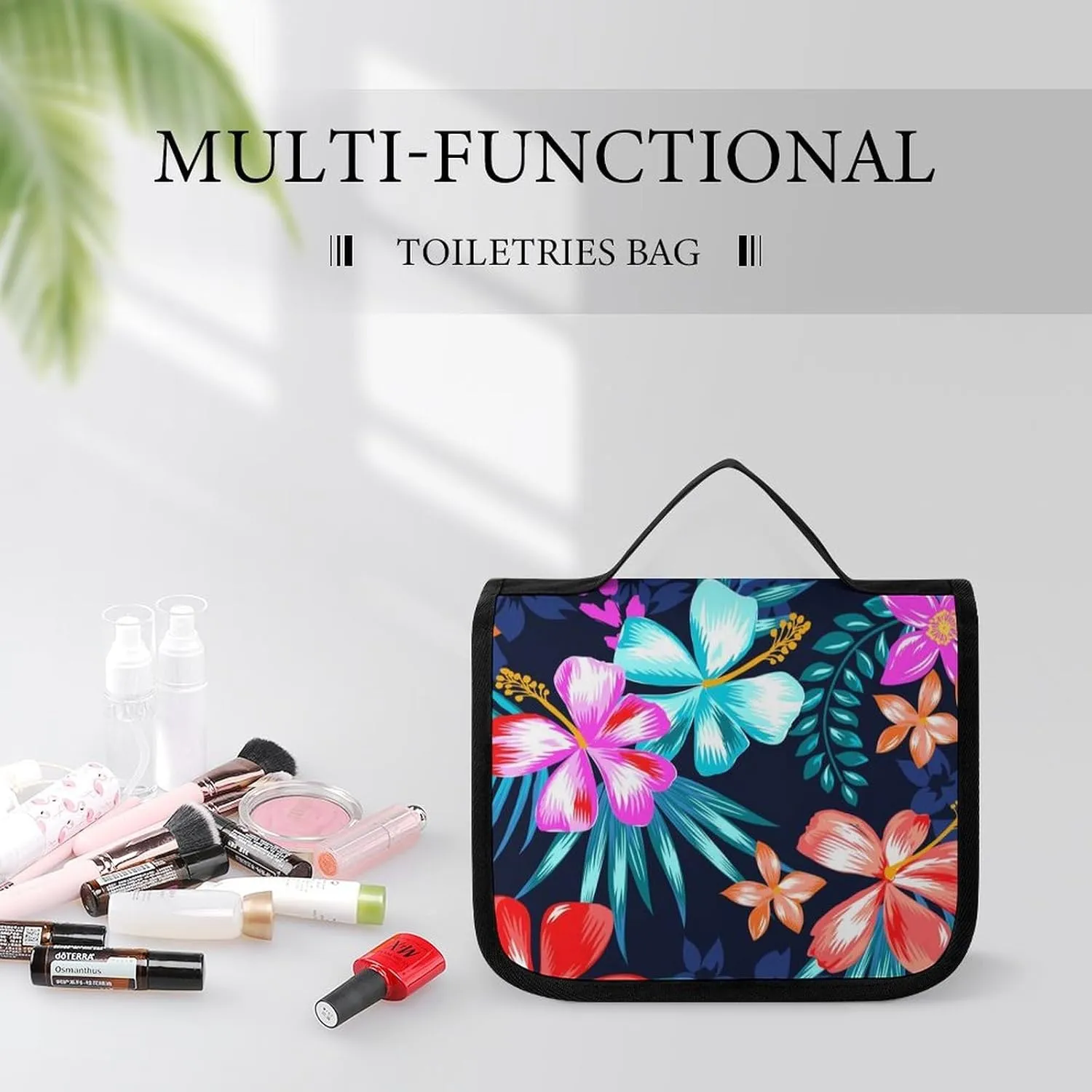 Large Capacity Hanging Toiletry Bag, Hawaiian Colorful Hibiscus Flowers Tropical Palm Tree Leaves Makeup Pouch for Women and Men, Waterproof Cosmetic Storage Organizer Case