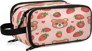 Large Capacity Travel Cosmetic Bag for Women Cute Face Bear Travel Portable Cosmetic Pouch With Handle and Divider Flat Lay Bag Organizer Toiletry Bag Makeup Box for Skincare Cosmetics