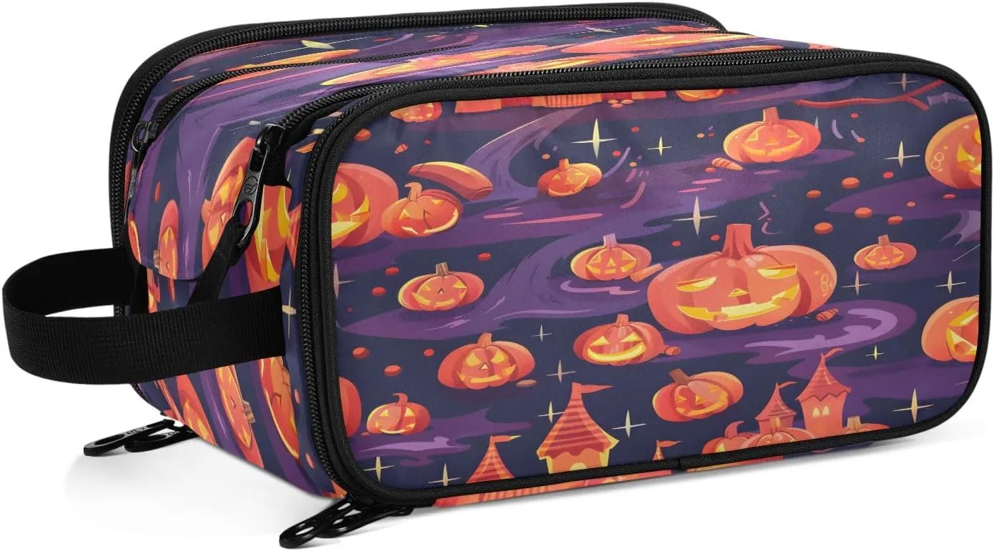 Large Capacity Travel Cosmetic Bag for Women Magic Pumpkin Travel Portable Cosmetic Pouch With Handle and Divider Flat Lay Bag Organizer Toiletry Bag Makeup Box for Skincare Cosmetics