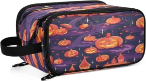 Large Capacity Travel Cosmetic Bag for Women Magic Pumpkin Travel Portable Cosmetic Pouch With Handle and Divider Flat Lay Bag Organizer Toiletry Bag Makeup Box for Skincare Cosmetics