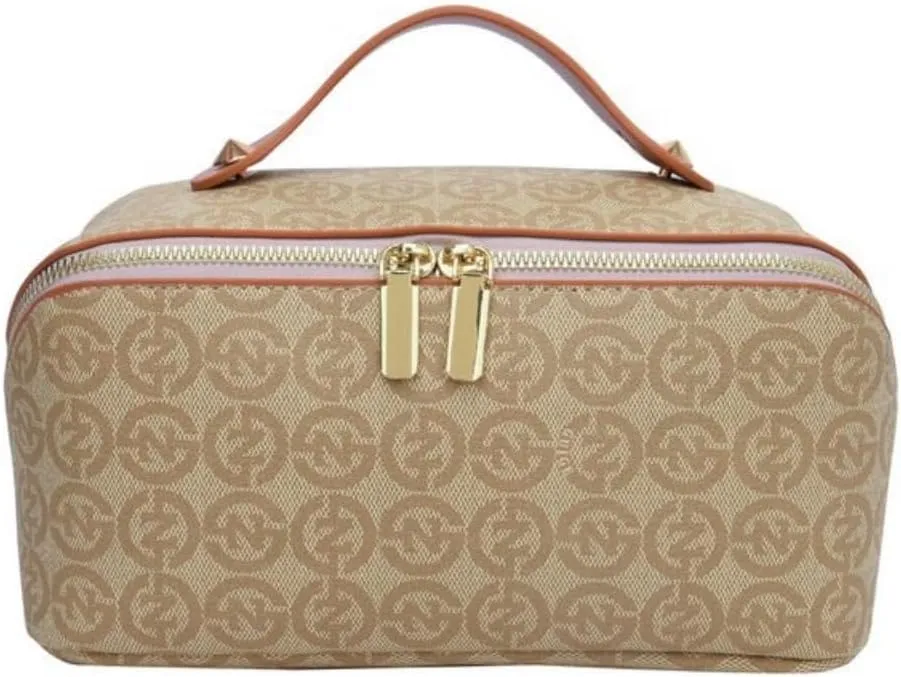 Large Capacity Travel Cosmetic Bag for Women PU Leather Makeup Waterproof Multifunctional Toiletry Bag (Khaki)