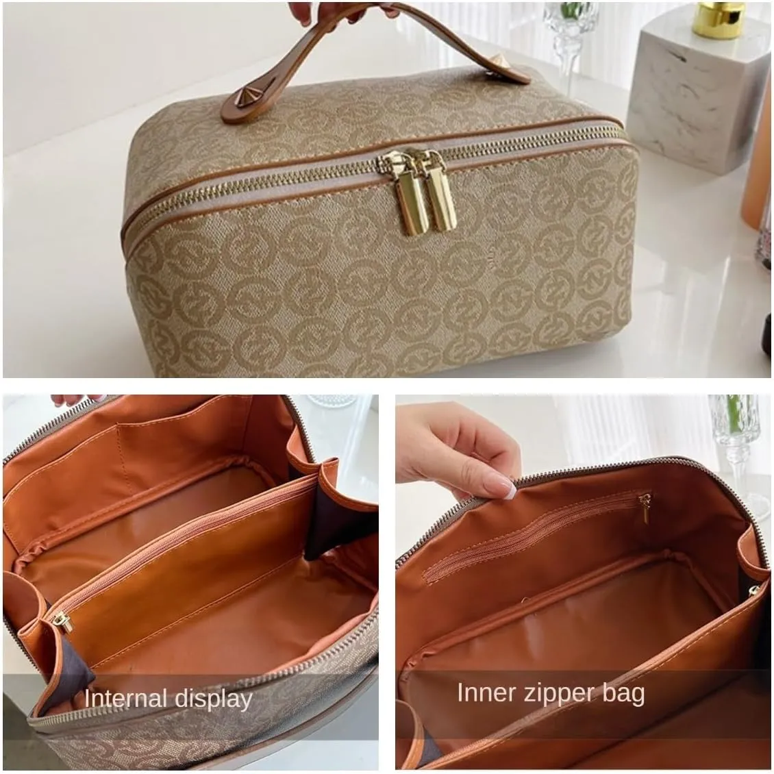 Large Capacity Travel Cosmetic Bag for Women PU Leather Makeup Waterproof Multifunctional Toiletry Bag (Khaki)
