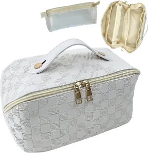 Large Capacity Travel Cosmetic Bag - Makeup Bag Opens Flat for Easy Access - Leather Waterproof Portable Cosmetics Bag with Handle, Divider - Toiletry Make up Organizer Bag.