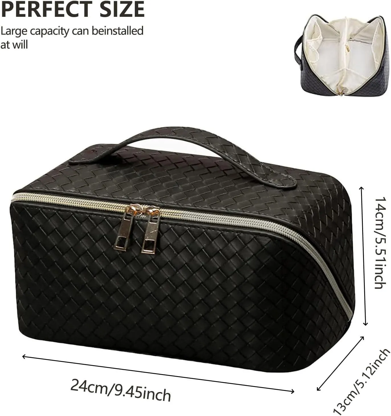 Large Capacity Travel Makeup Bag,Portable Waterproof Cosmetic Bag,PU Leather Checkered with Handle Divider Multifunctional Bag,Parallel Makeup Organizer Toiletry Bag for Women (Black)