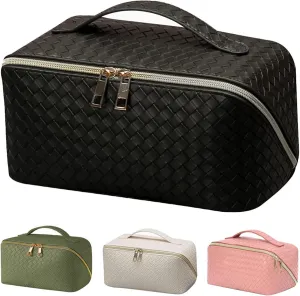 Large Capacity Travel Makeup Bag,Portable Waterproof Cosmetic Bag,PU Leather Checkered with Handle Divider Multifunctional Bag,Parallel Makeup Organizer Toiletry Bag for Women (Black)