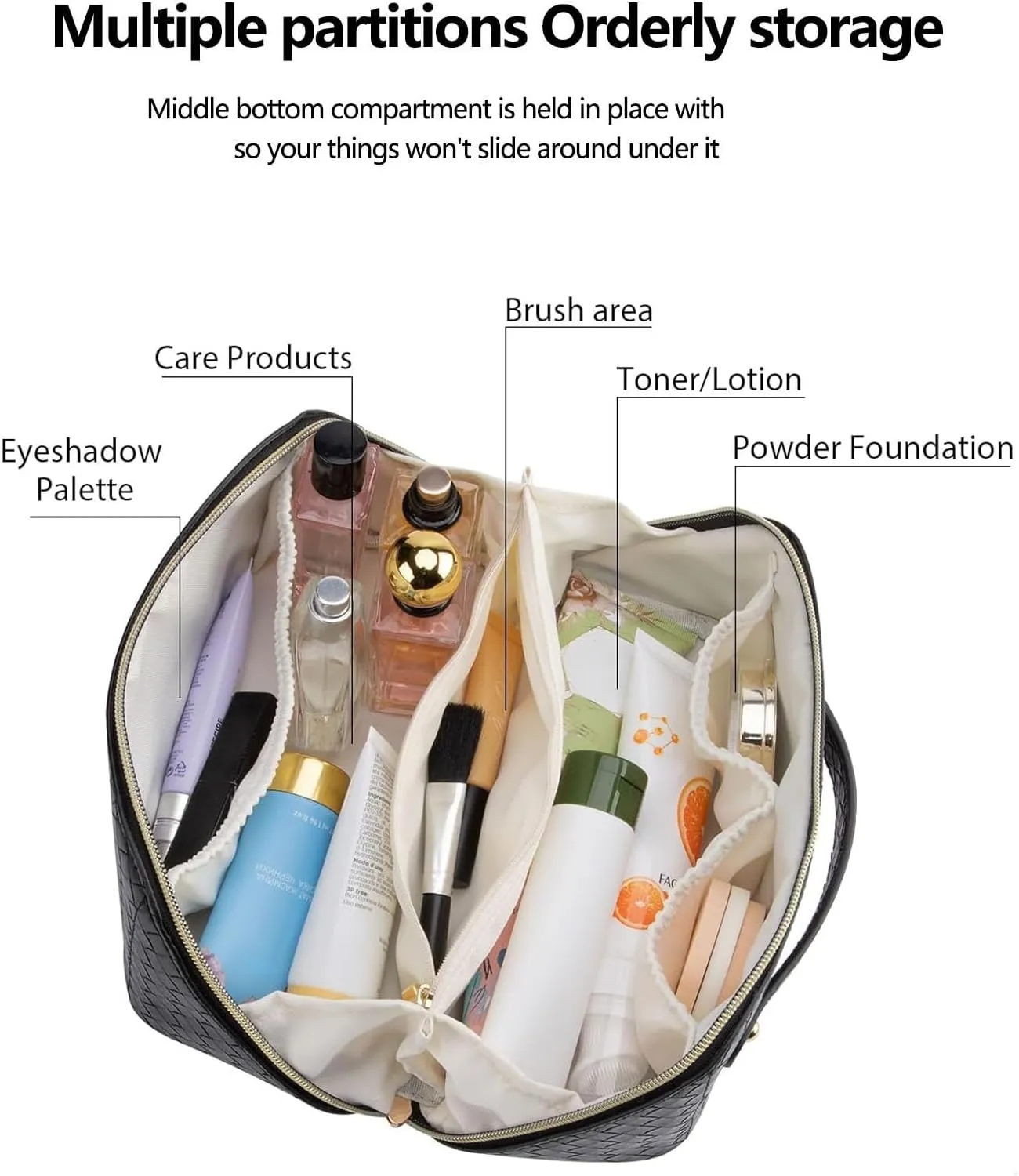 Large Capacity Travel Makeup Bag,Portable Waterproof Cosmetic Bag,PU Leather Checkered with Handle Divider Multifunctional Bag,Parallel Makeup Organizer Toiletry Bag for Women (Black)