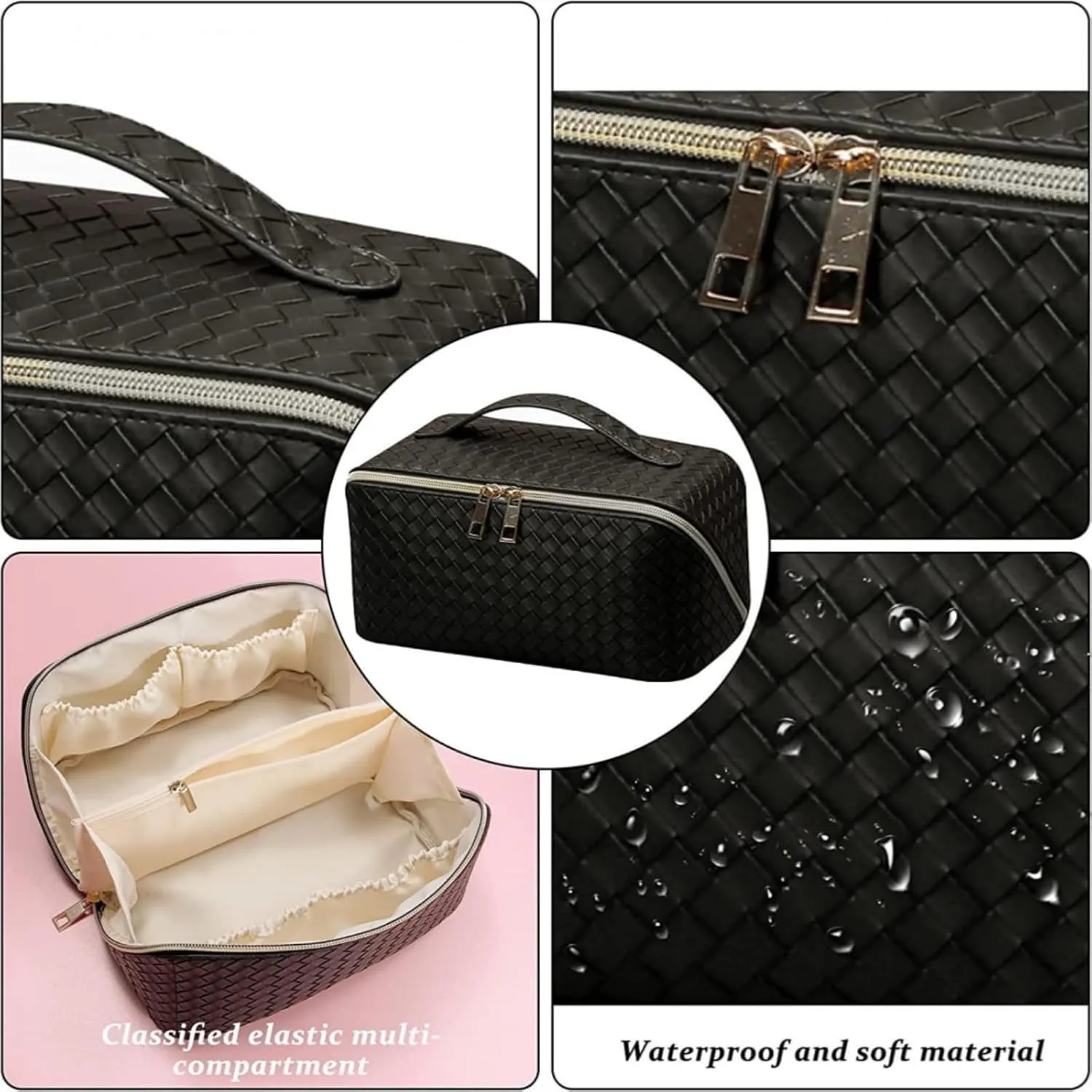 Large Capacity Travel Makeup Bag,Portable Waterproof Cosmetic Bag,PU Leather Checkered with Handle Divider Multifunctional Bag,Parallel Makeup Organizer Toiletry Bag for Women (Black)