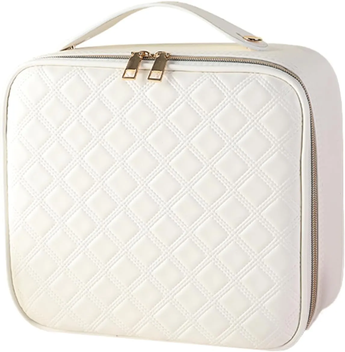 Large Capacity Travel Makeup Train Case with LED Mirror,Rechargeable LED Light for Makeup Cosmetic Case with Brushes Storage Organizer,Travel Box Cosmetic Bag for Women (Pu-White)