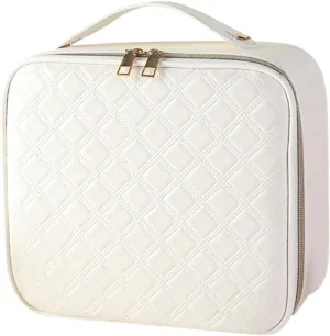 Large Capacity Travel Makeup Train Case with LED Mirror,Rechargeable LED Light for Makeup Cosmetic Case with Brushes Storage Organizer,Travel Box Cosmetic Bag for Women (Pu-White)