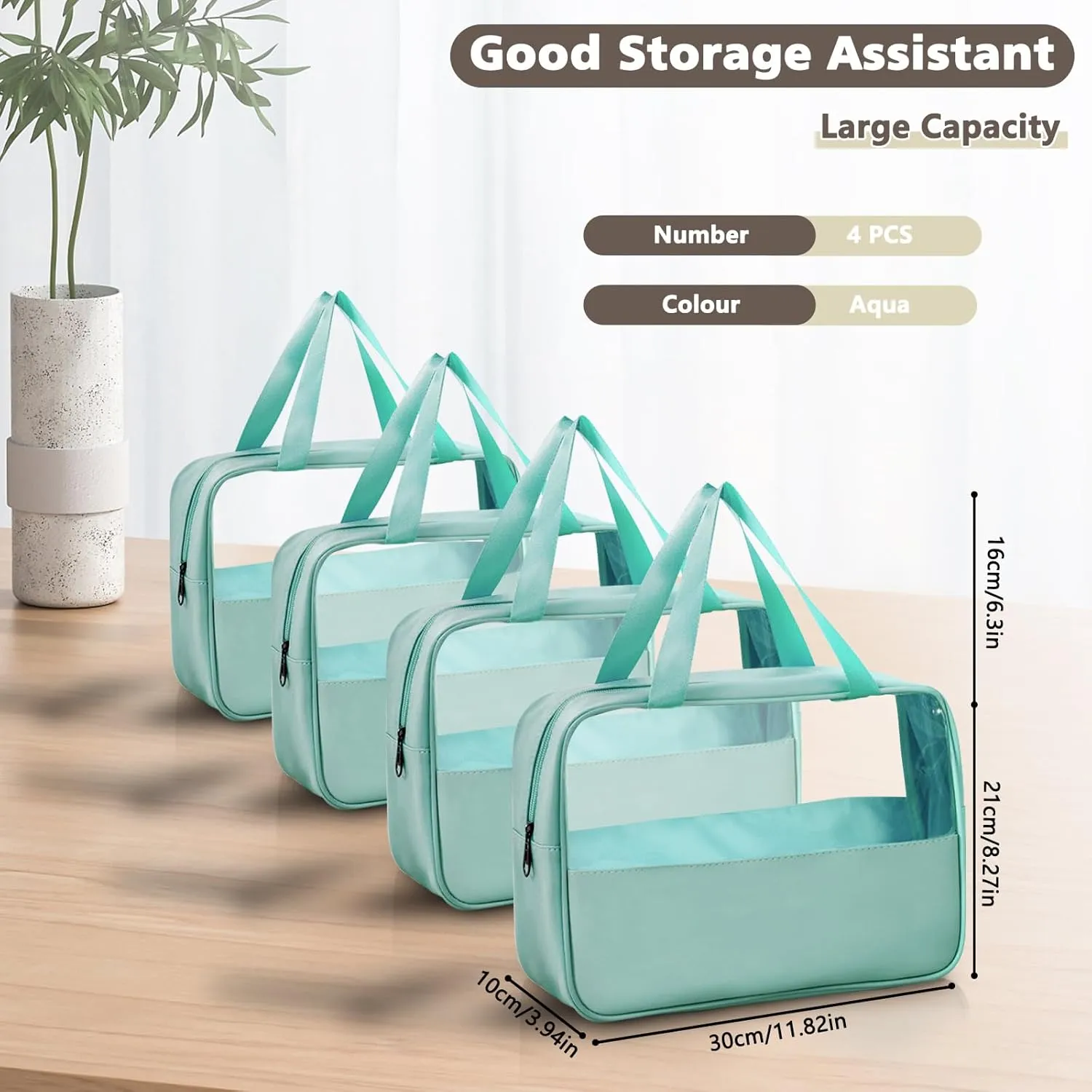 Large Clear Toiletry Bags for Traveling, 4Pcs Waterproof Clear Travel Bags for Toiletries Women Men, Travel Toiletry Bag Set, Transparent Makeup Cosmetic Bag, Aqua