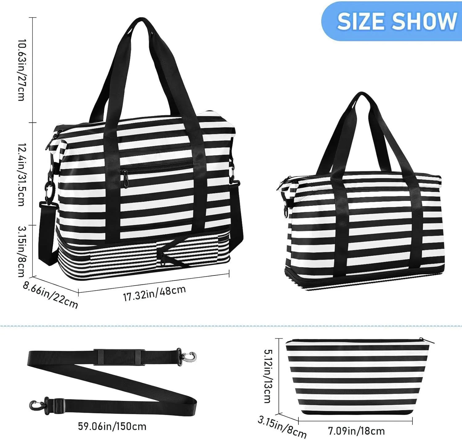 Large Gym Bag Black White Stripe Sports Travel Duffel Bag,Weekender Overnight Bag with Wet Pocket and Shoes Compartment for Women Girls Travel, Gym, Yoga, School