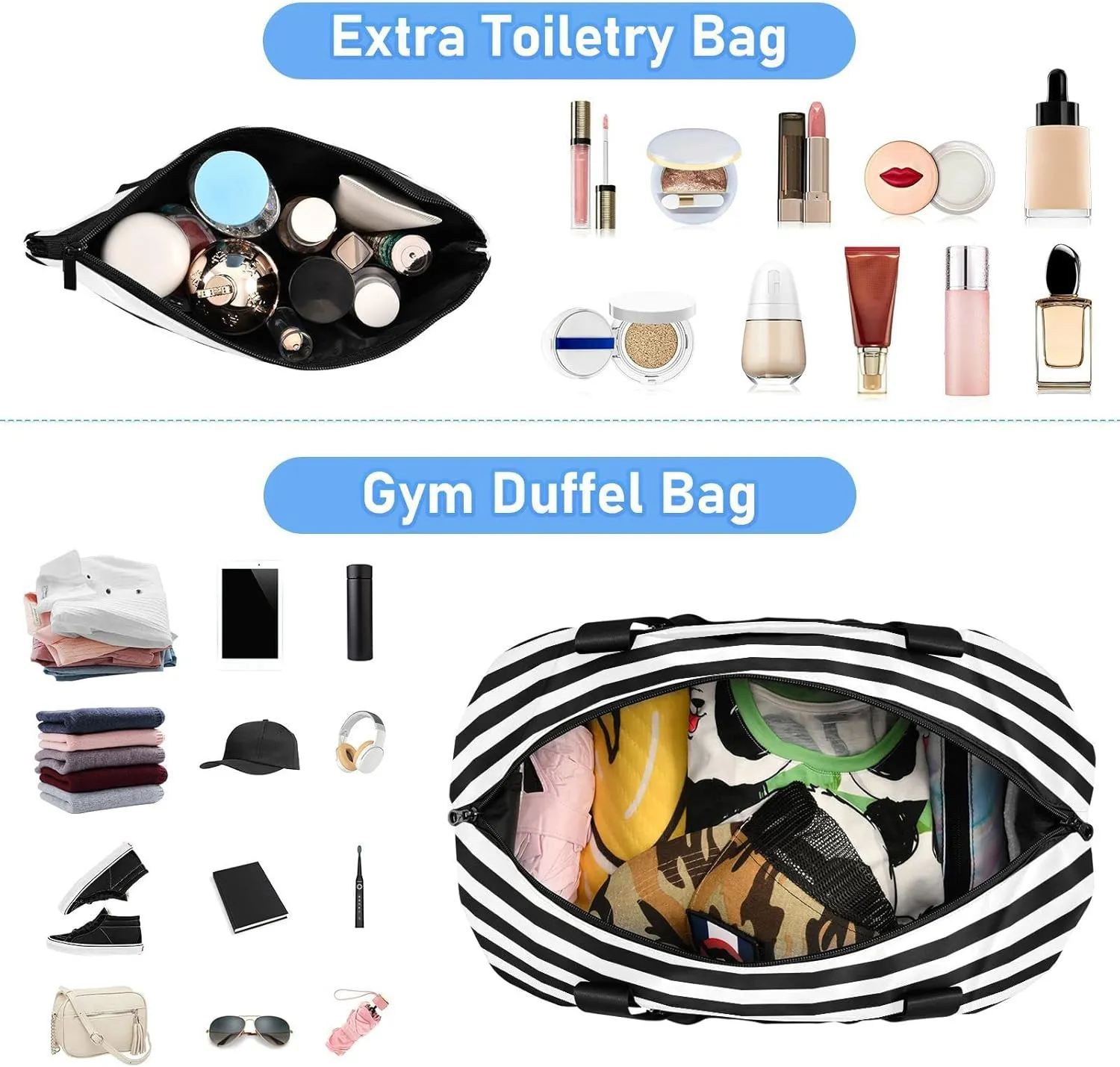 Large Gym Bag Black White Stripe Sports Travel Duffel Bag,Weekender Overnight Bag with Wet Pocket and Shoes Compartment for Women Girls Travel, Gym, Yoga, School