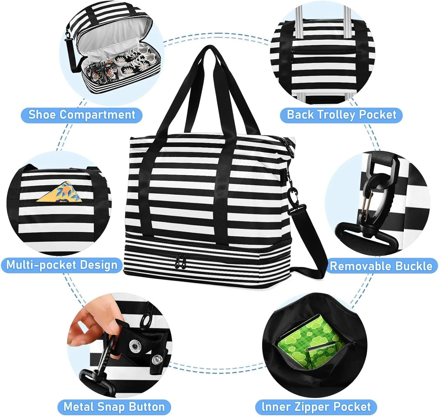 Large Gym Bag Black White Stripe Sports Travel Duffel Bag,Weekender Overnight Bag with Wet Pocket and Shoes Compartment for Women Girls Travel, Gym, Yoga, School