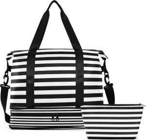 Large Gym Bag Black White Stripe Sports Travel Duffel Bag,Weekender Overnight Bag with Wet Pocket and Shoes Compartment for Women Girls Travel, Gym, Yoga, School
