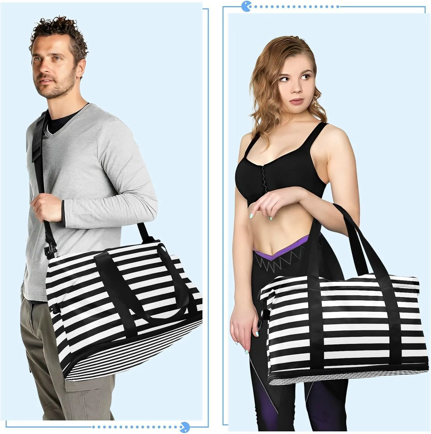 Large Gym Bag Black White Stripe Sports Travel Duffel Bag,Weekender Overnight Bag with Wet Pocket and Shoes Compartment for Women Girls Travel, Gym, Yoga, School