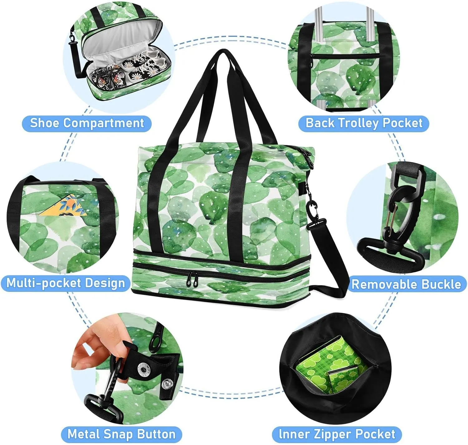 Large Gym Bag Cactus Sports Travel Duffel Bag,Weekender Overnight Bag with Wet Pocket and Shoes Compartment for Women Girls Travel, Gym, Yoga, School