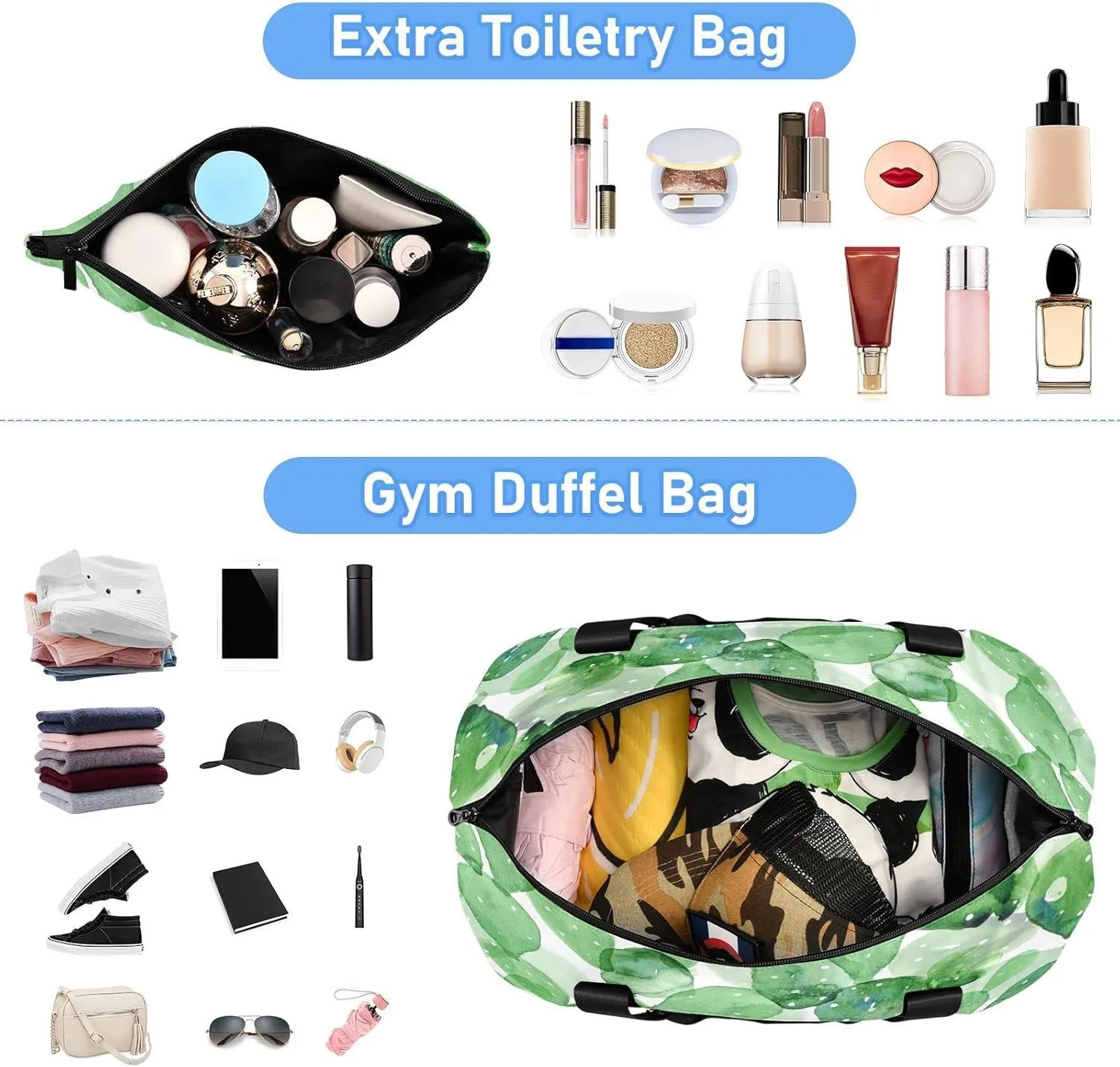 Large Gym Bag Cactus Sports Travel Duffel Bag,Weekender Overnight Bag with Wet Pocket and Shoes Compartment for Women Girls Travel, Gym, Yoga, School