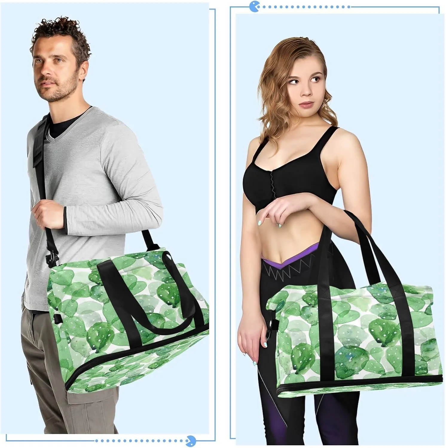 Large Gym Bag Cactus Sports Travel Duffel Bag,Weekender Overnight Bag with Wet Pocket and Shoes Compartment for Women Girls Travel, Gym, Yoga, School