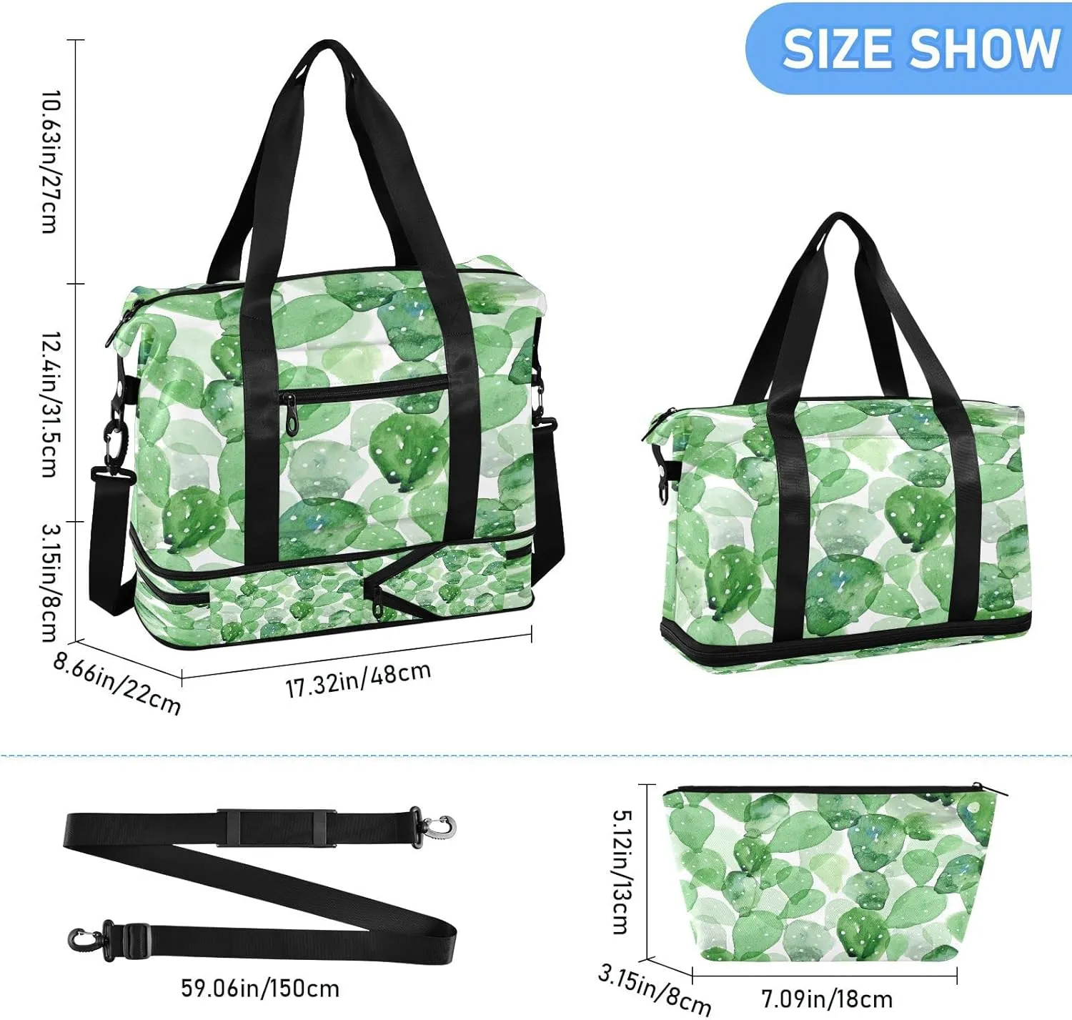 Large Gym Bag Cactus Sports Travel Duffel Bag,Weekender Overnight Bag with Wet Pocket and Shoes Compartment for Women Girls Travel, Gym, Yoga, School