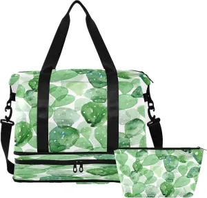 Large Gym Bag Cactus Sports Travel Duffel Bag,Weekender Overnight Bag with Wet Pocket and Shoes Compartment for Women Girls Travel, Gym, Yoga, School