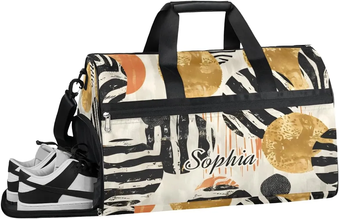 Large Gym Bag with NameCustom Duffel Bag for Women Luggage Bag for Adults Weekender Carry on Duffle Bags Black Stripes Golden Sports Duffel Bag