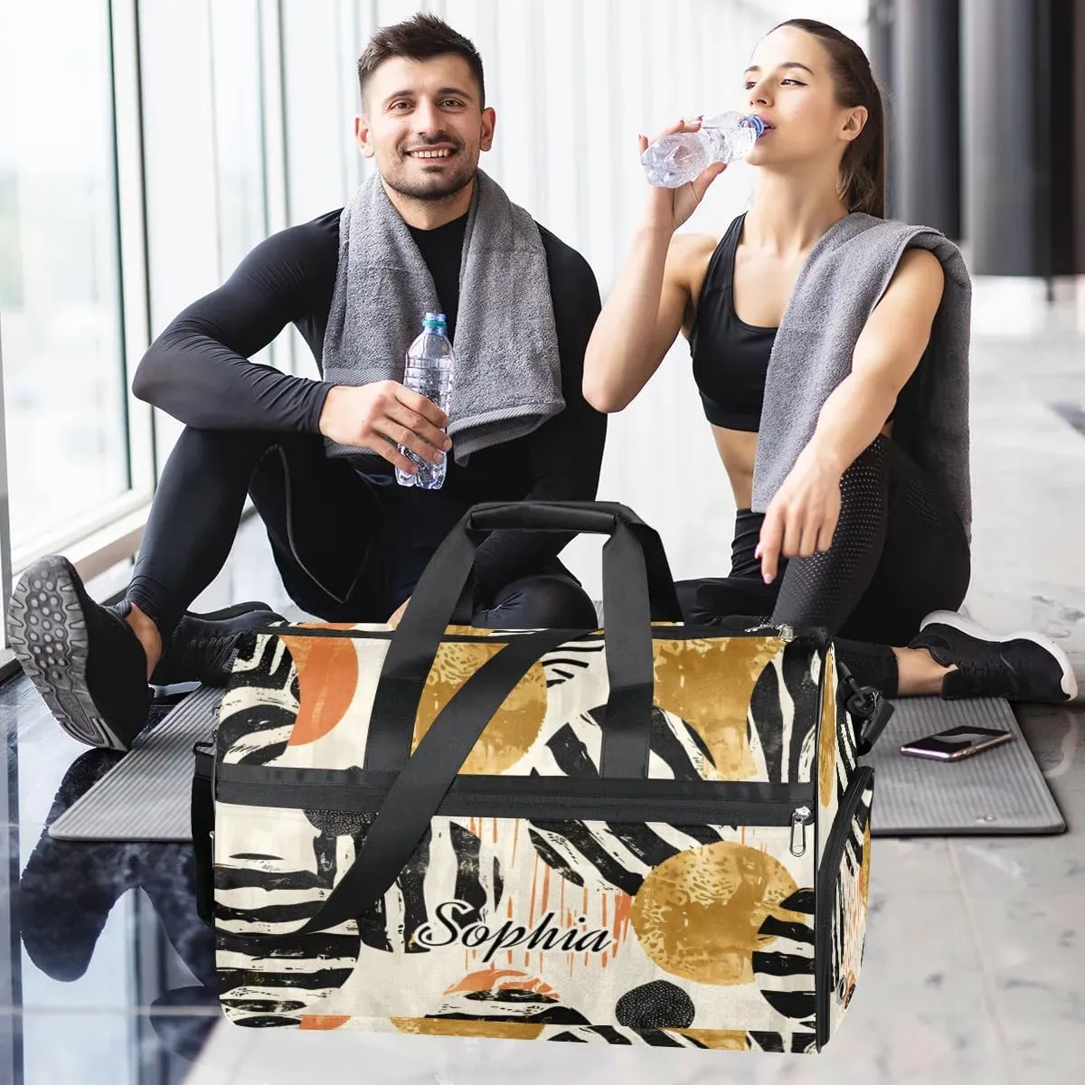 Large Gym Bag with NameCustom Duffel Bag for Women Luggage Bag for Adults Weekender Carry on Duffle Bags Black Stripes Golden Sports Duffel Bag