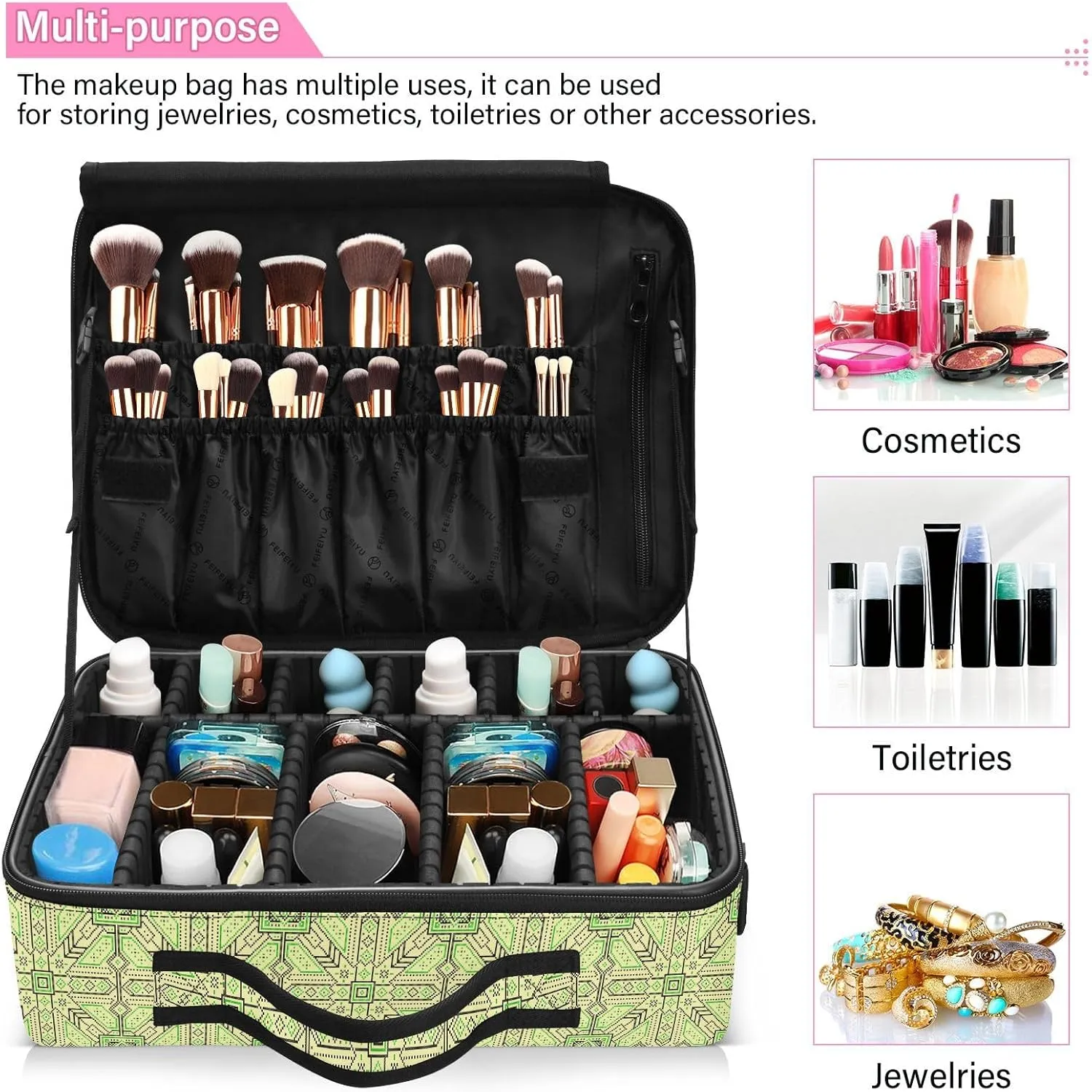 Large Hard Shell Travel Bag Makeup Organizer with Handle Dividers
