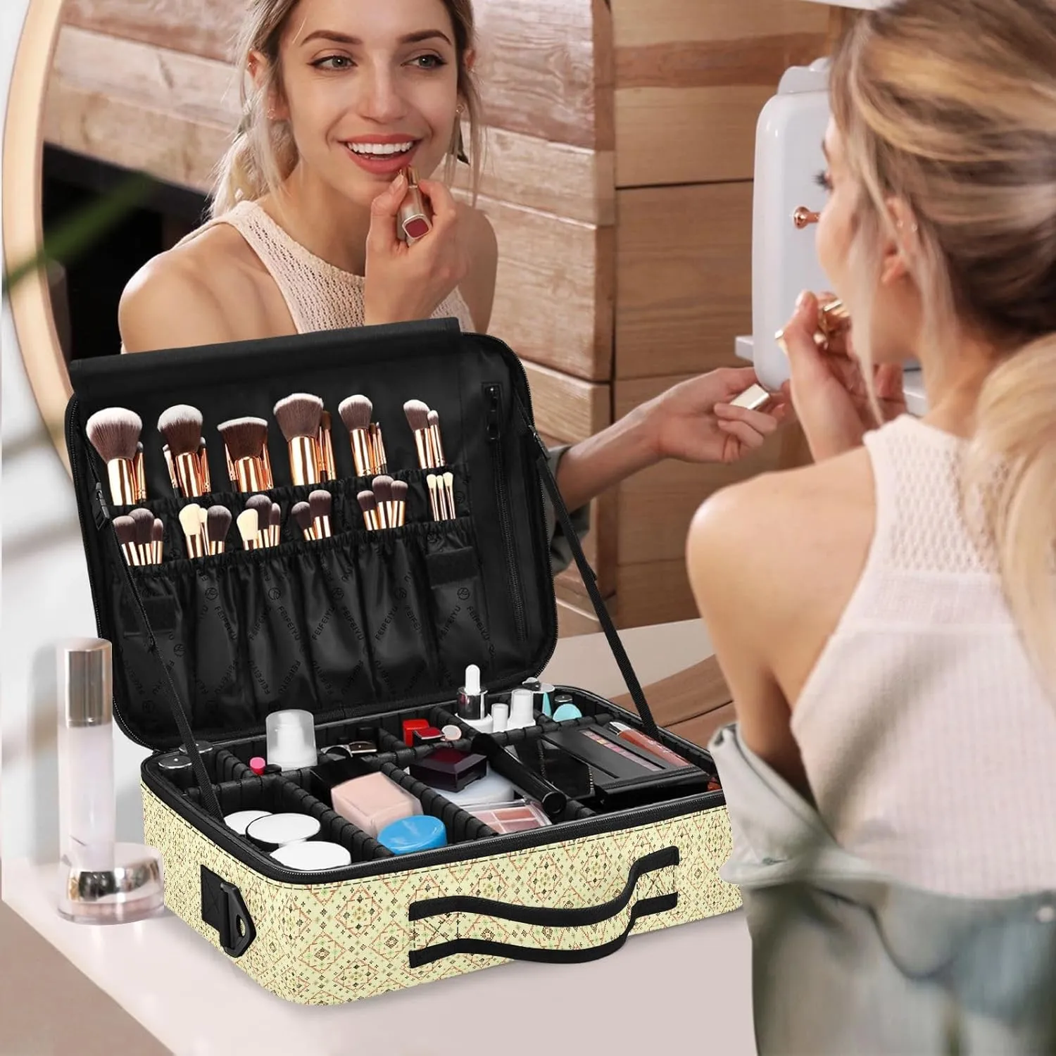 Large Hard Shell Travel Bag Makeup Organizer with Handle Dividers
