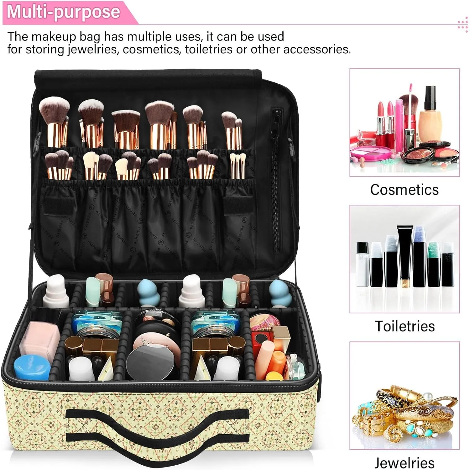 Large Hard Shell Travel Bag Makeup Organizer with Handle Dividers