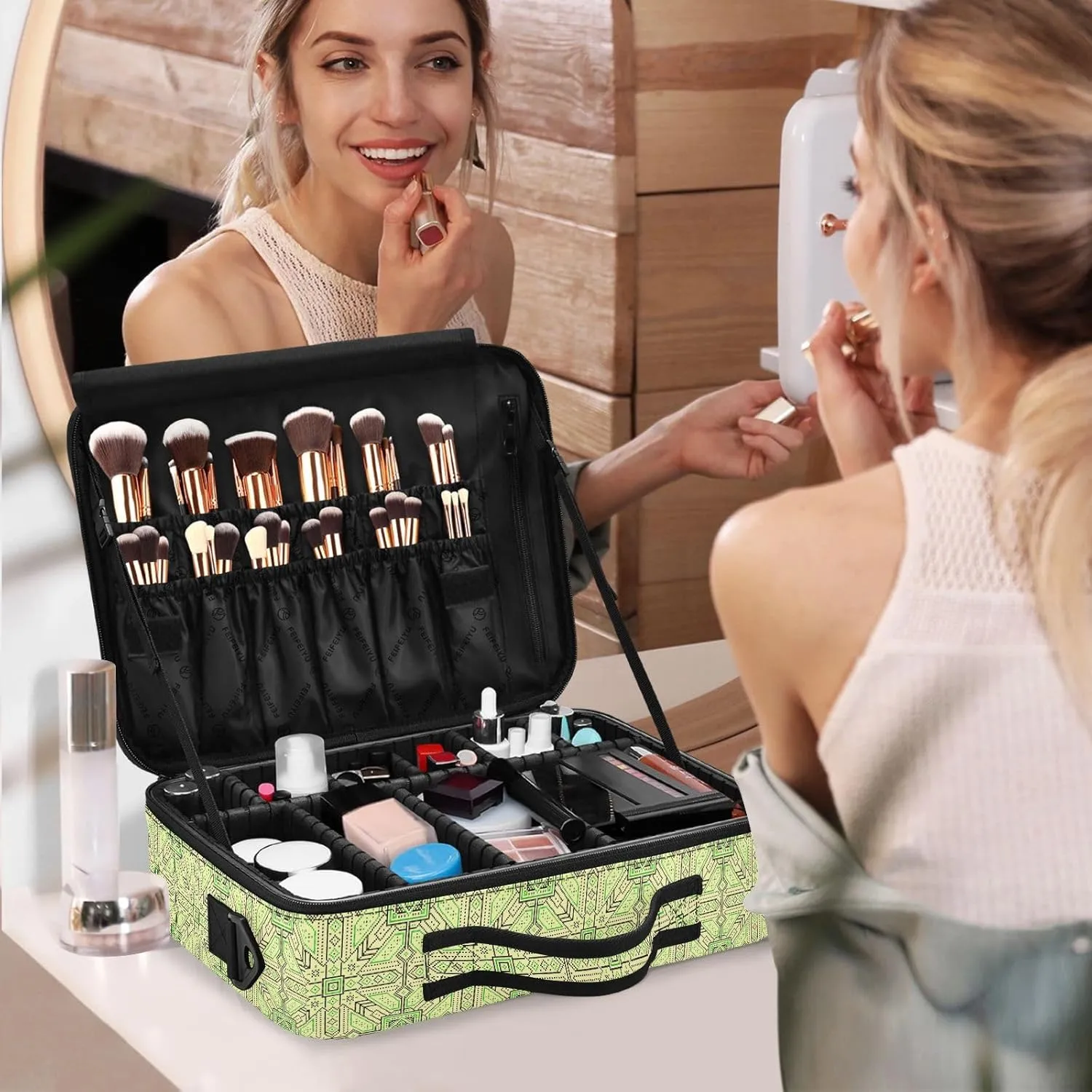 Large Hard Shell Travel Bag Makeup Organizer with Handle Dividers