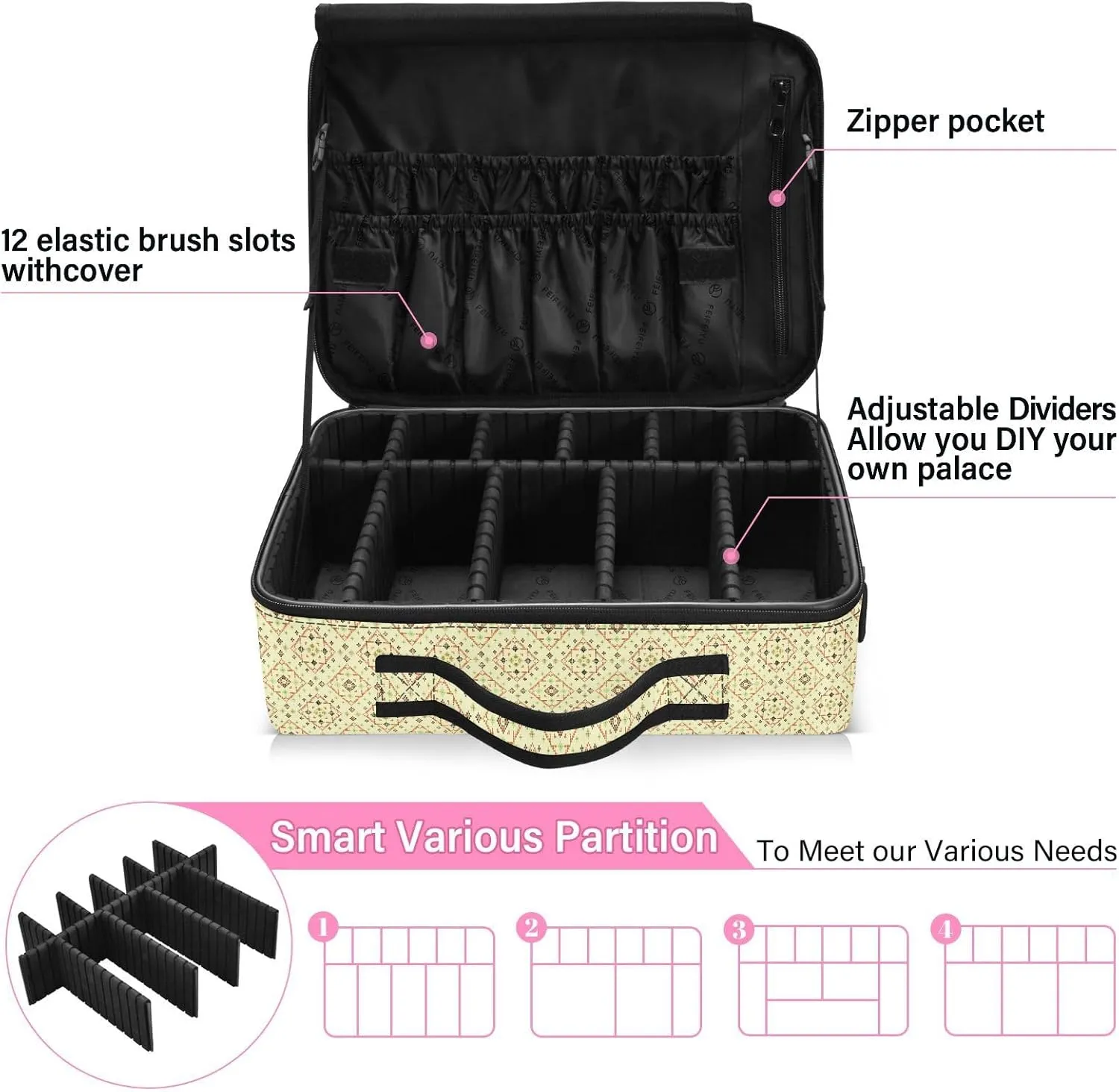 Large Hard Shell Travel Bag Makeup Organizer with Handle Dividers