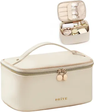 Large Makeup Bag for Women Travel Cosmetic Case Waterproof PU Leather Toiletry Bag Portable Make up Organiser with Handle and Removable Divider (Beige)