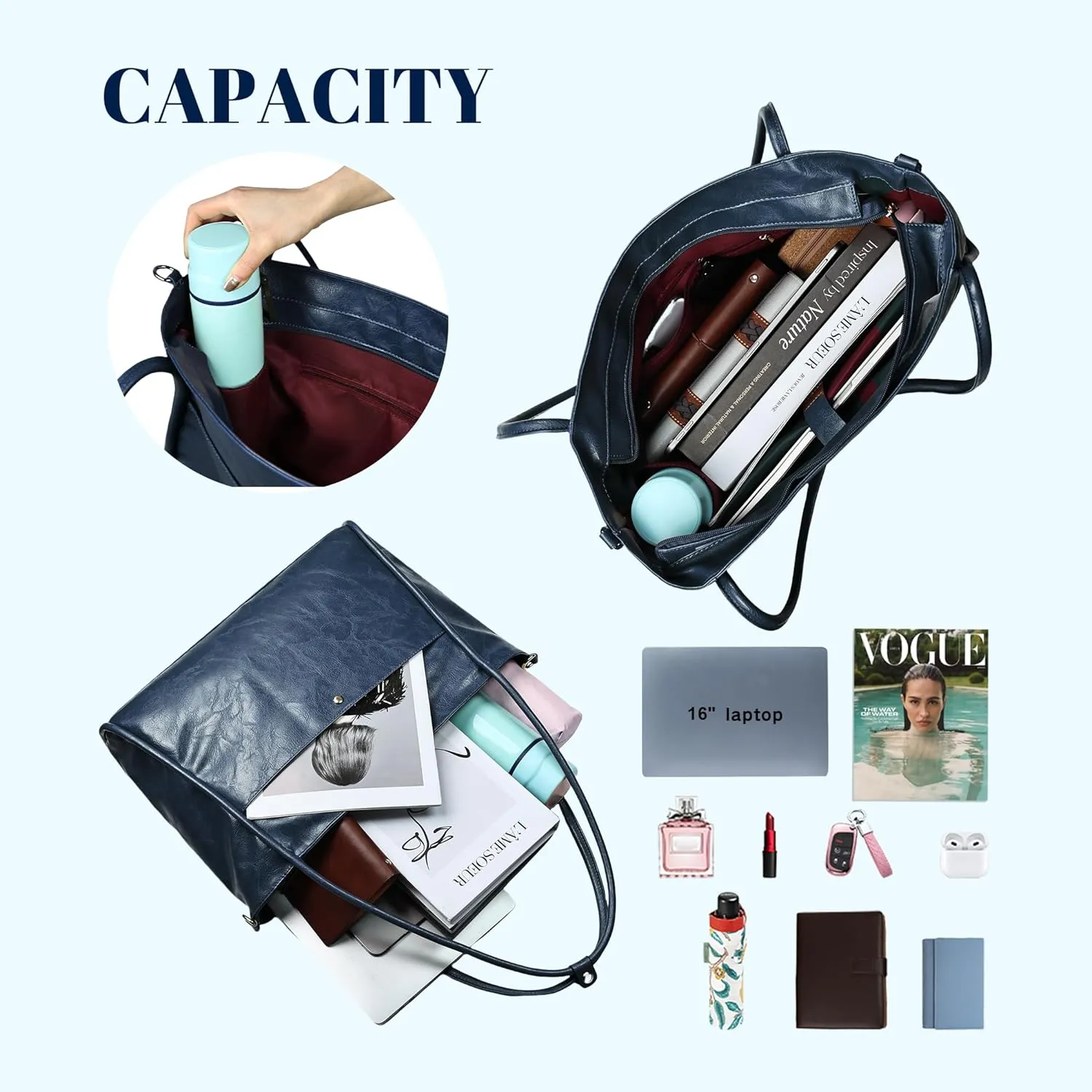 Large Tote Bag for Women Work with Zipper Vegan Leather Shoulder Bags Travel Hobo Bags for Women Weekender Bags