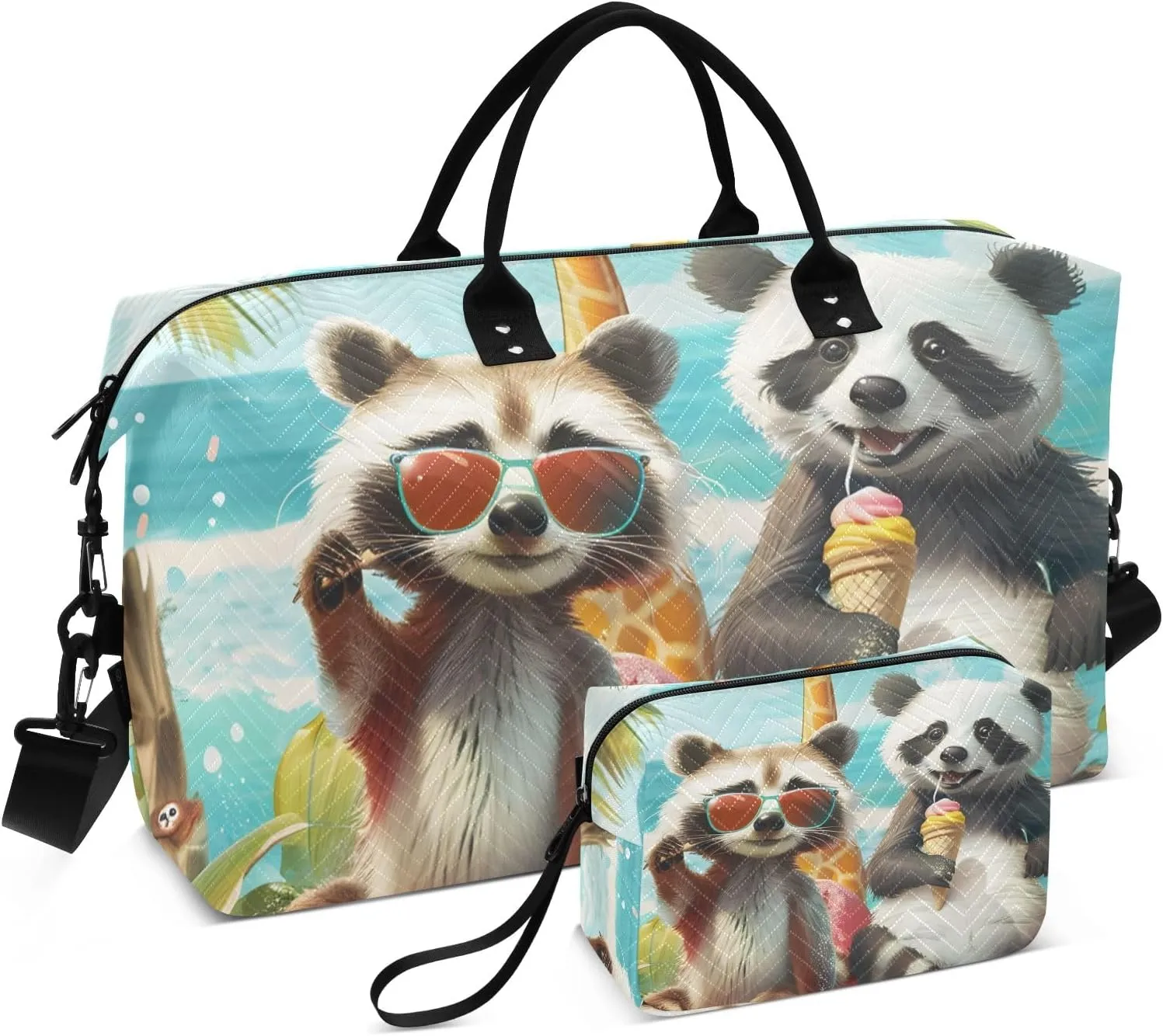 Large Travel Duffel Bag Sports Tote Gym Bag Overnight Weekender Bags Raccoon Panda Carry On Luggage with Toiletry Bags
