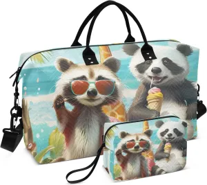 Large Travel Duffel Bag Sports Tote Gym Bag Overnight Weekender Bags Raccoon Panda Carry On Luggage with Toiletry Bags