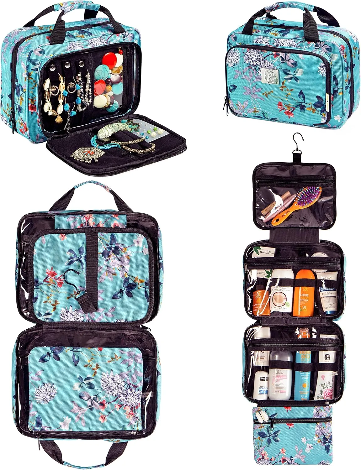 Large Travel Hanging Toiletry Bag For Women With Jewelry Organizer - Folding Bathroom Toiletry Cosmetic Organizer - XL Hanging Travel Bag For Full Size Toiletries