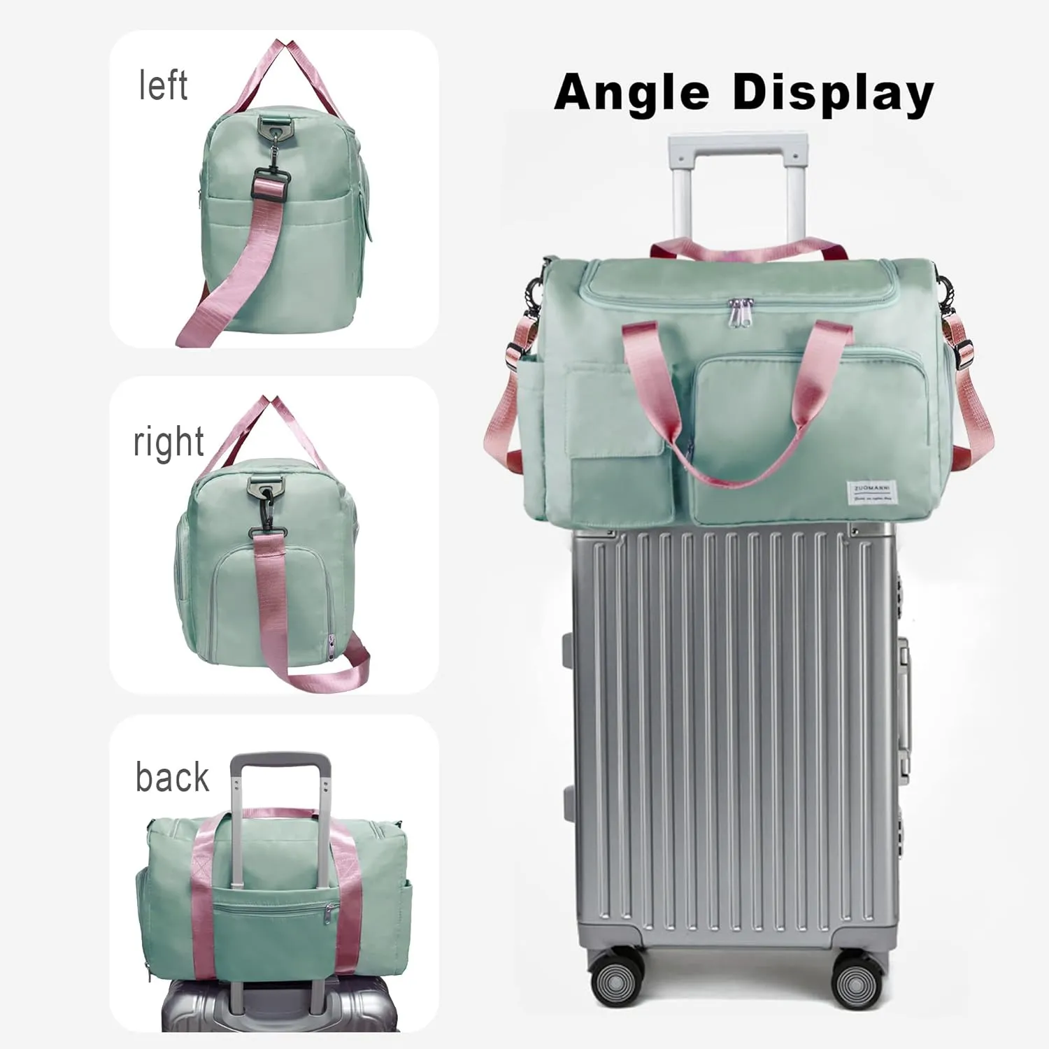 Large Weekender Overnight Bag with Shoes Compartment, Personal Tote for Women or Men, Waterproof Carry-on with Clear Cosmetic & Shoe Bags, 3Pcs Set (Green Pink)