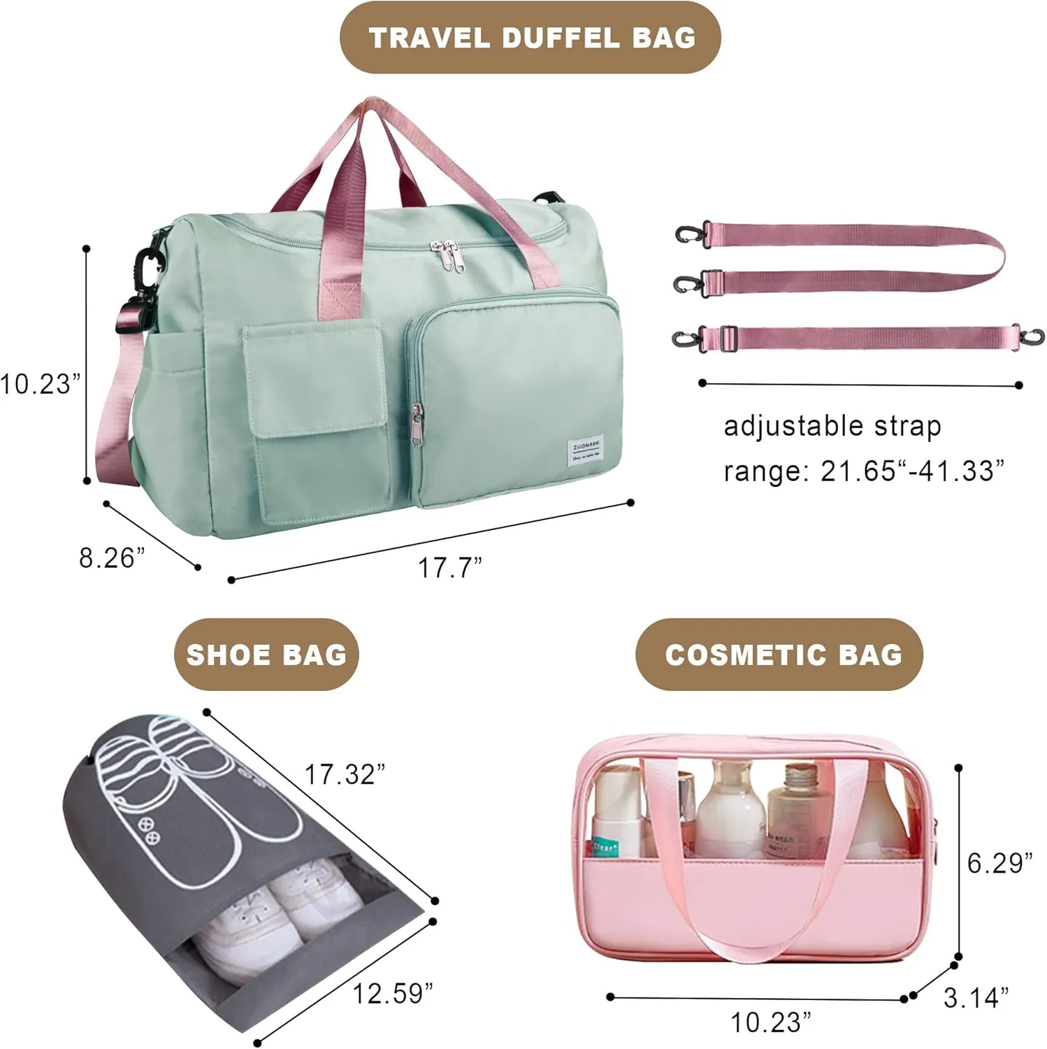 Large Weekender Overnight Bag with Shoes Compartment, Personal Tote for Women or Men, Waterproof Carry-on with Clear Cosmetic & Shoe Bags, 3Pcs Set (Green Pink)