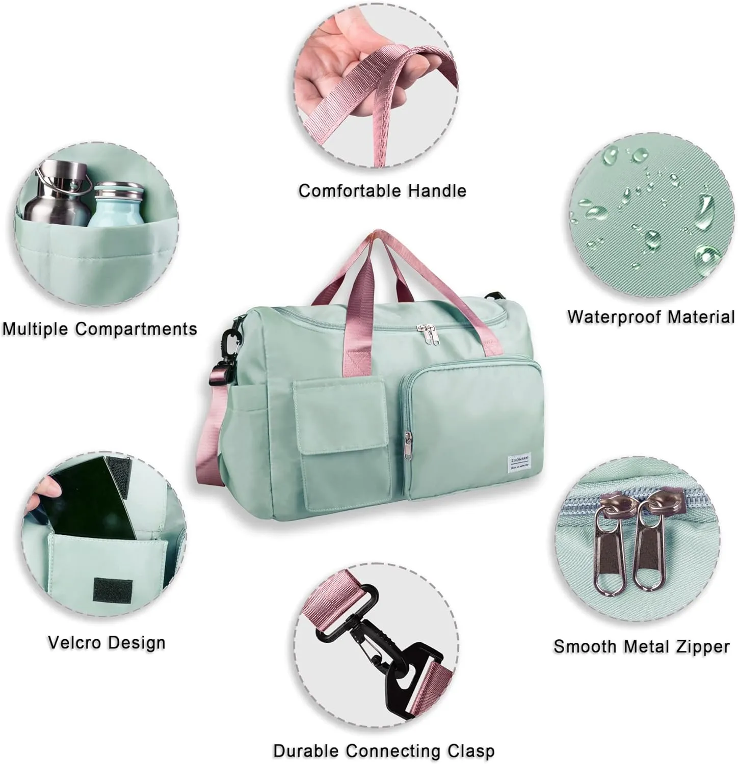 Large Weekender Overnight Bag with Shoes Compartment, Personal Tote for Women or Men, Waterproof Carry-on with Clear Cosmetic & Shoe Bags, 3Pcs Set (Green Pink)