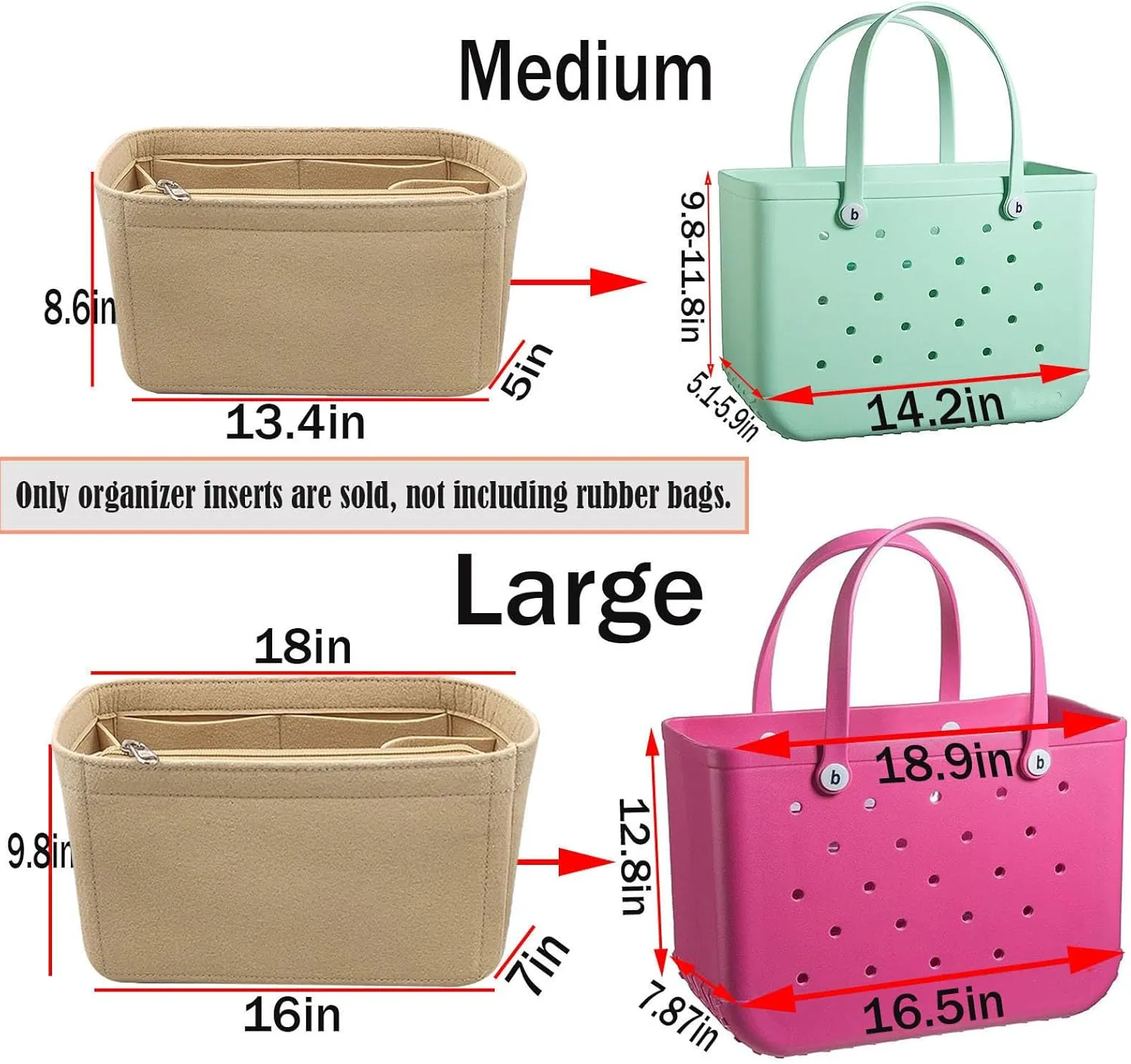 Lckaey Rubber Beach Bag Organizer Compatible with Bo Bag Tote,Divider Pouch for Bo Bags Accessories Felt Insert3018khaki-M