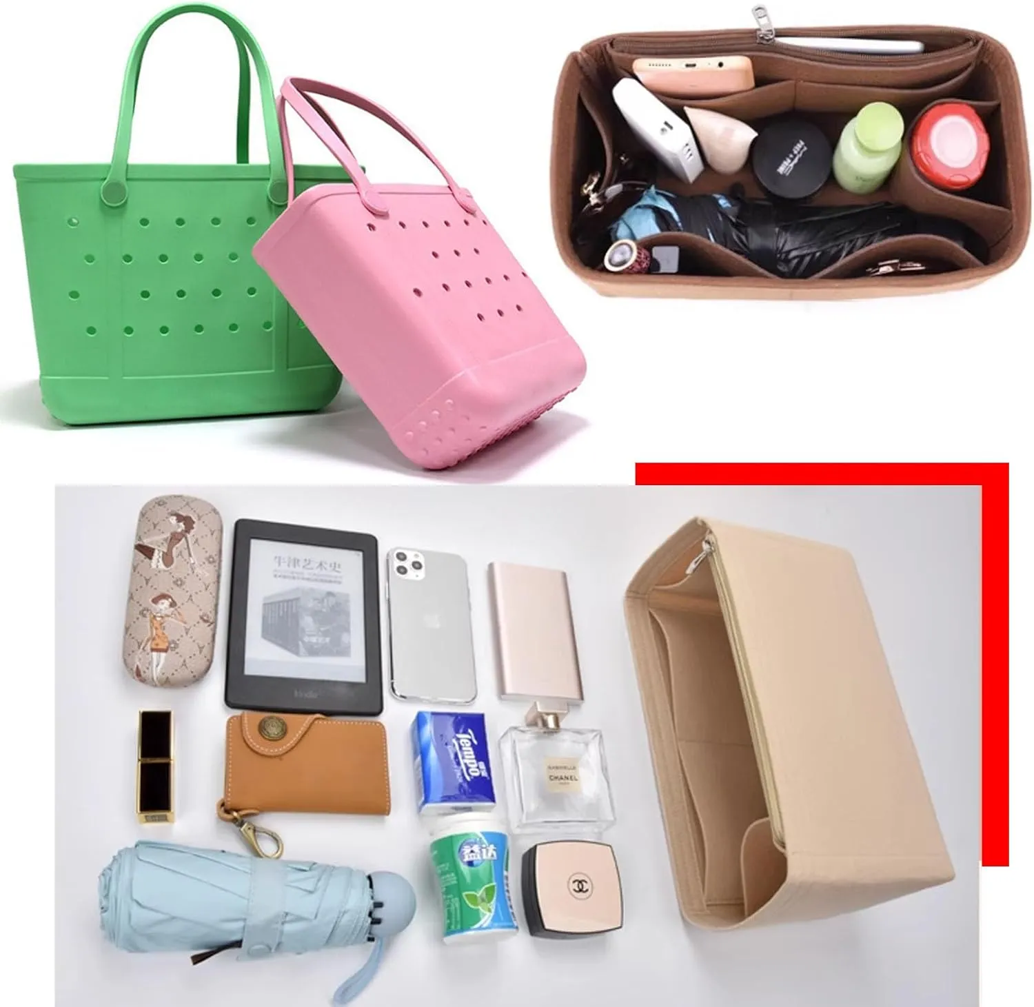 Lckaey Rubber Beach Bag Organizer Compatible with Bo Bag Tote,Divider Pouch for Bo Bags Accessories Felt Insert3018khaki-M