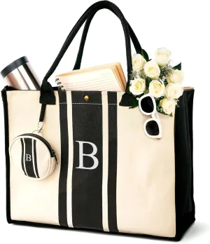 LEAFICO Initial Canvas Tote Bag - Embroidered Letter Beach Bag, Monogrammed Personalized Gift Bag For Women, Make Up Purse