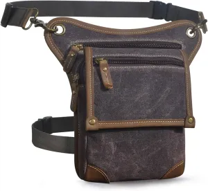 Le'aokuu Mens Canvas And Genuine Leather Messenger Waterproof Hiking Waist Hip Bum Pack Drop Leg Bag 211-4 (0 Dark Coffee)