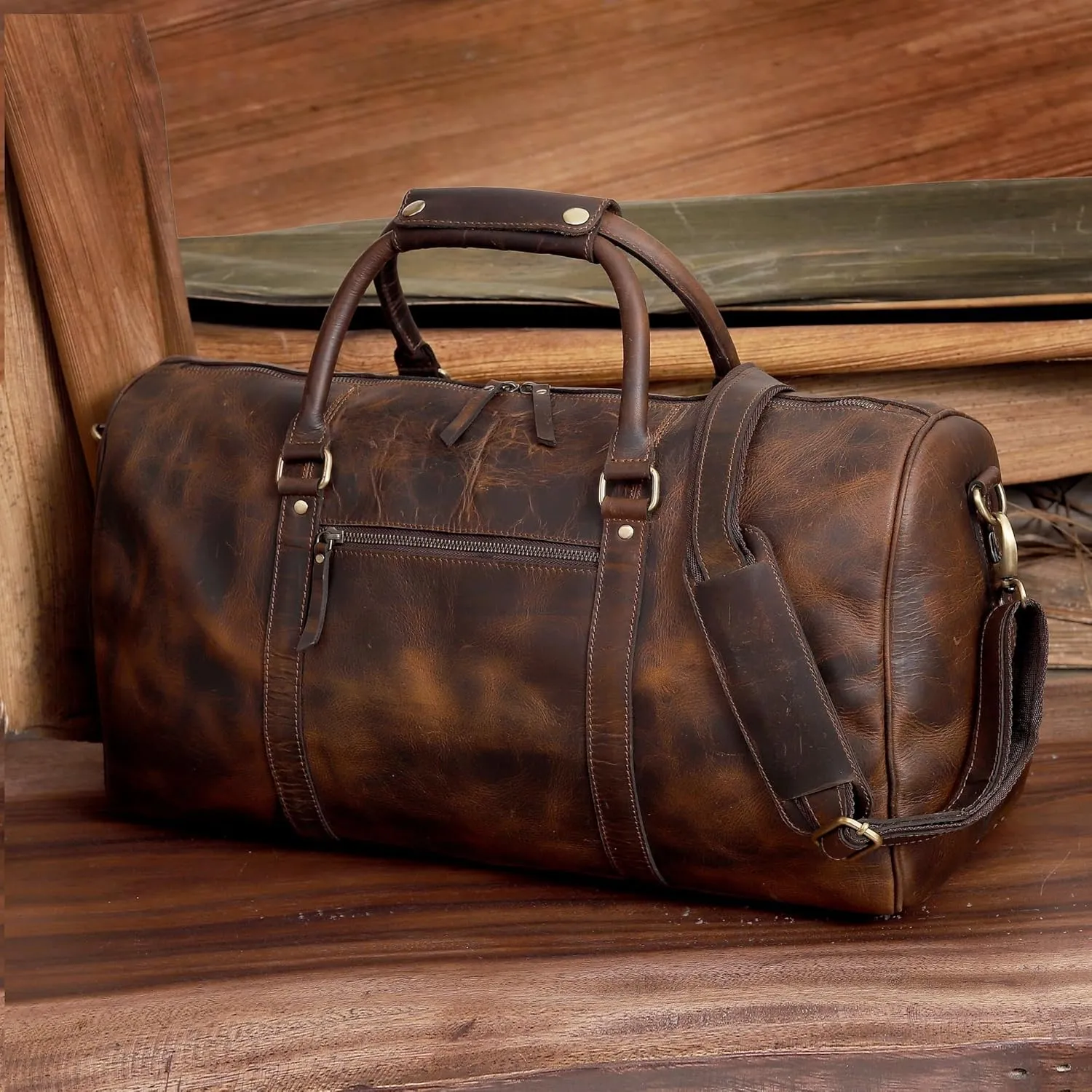 Leather Duffel Bags for Men, Carry On Garment Bag, Travel Leather Duffel Bag Weekender Brown (24" Large)