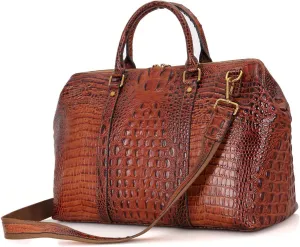Leather Duffle Bags, Crocodile Embossed Overnight Travel Weekender Leather Gym Bag Red Brown Christmas Gift for Men