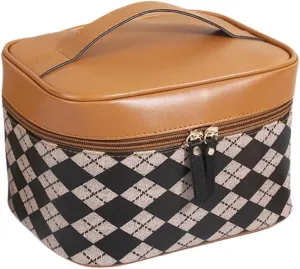 Leather Makeup Bag Travel Toiletry Bag Women Cute Waterproof Cosmetic Case Portable Hanging Organizer for Essentials Brushes (Brown Argyle)
