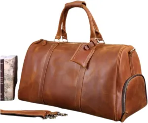 Leather Travel Duffel Bag, Weekender,Brown travel weekender hold all overnight carry on duffel with shoe compartment pocket (with shoe pocket compartment, 28 inch)